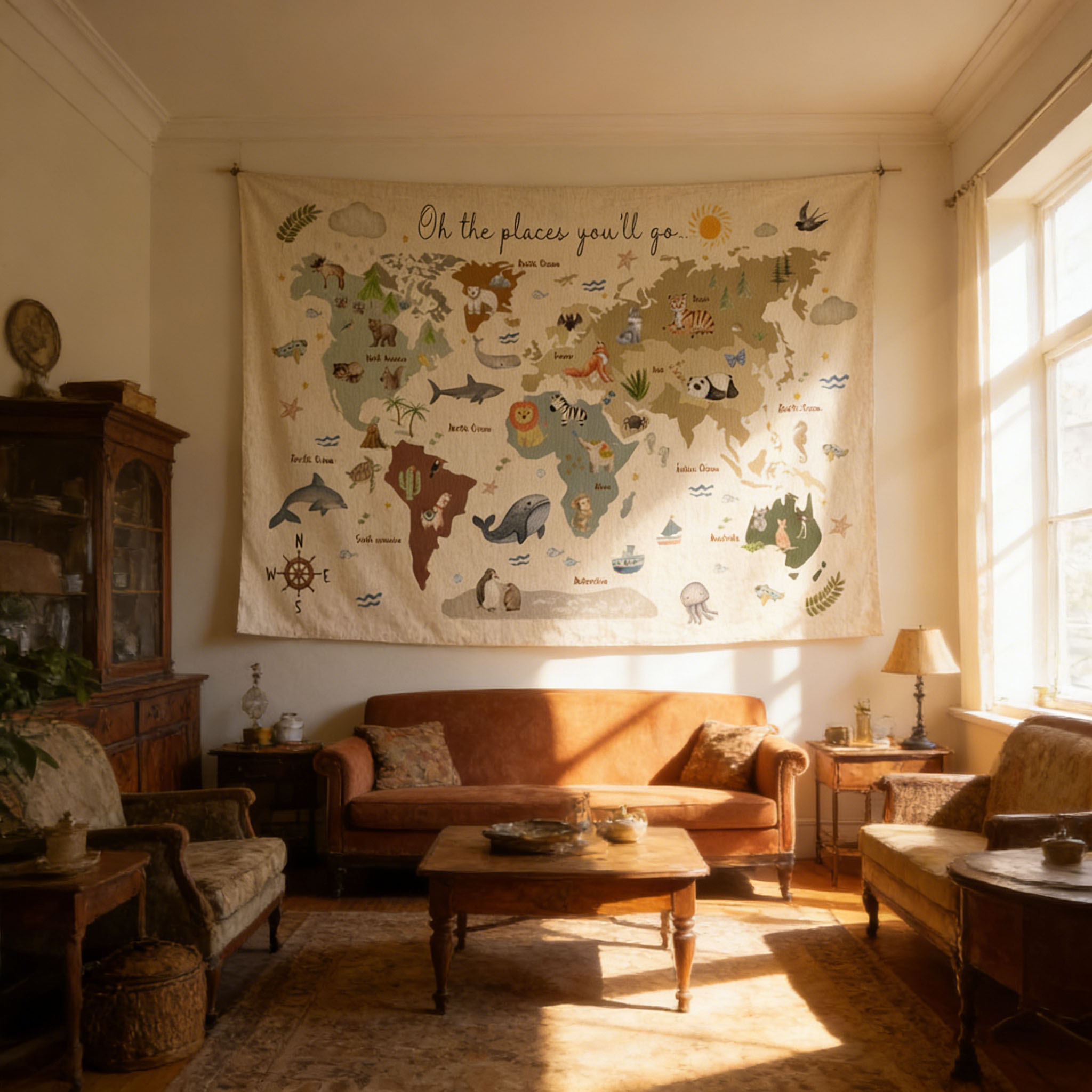 Cute Animal World Map Tapestry - đánh giá và giá Kids Education Banner